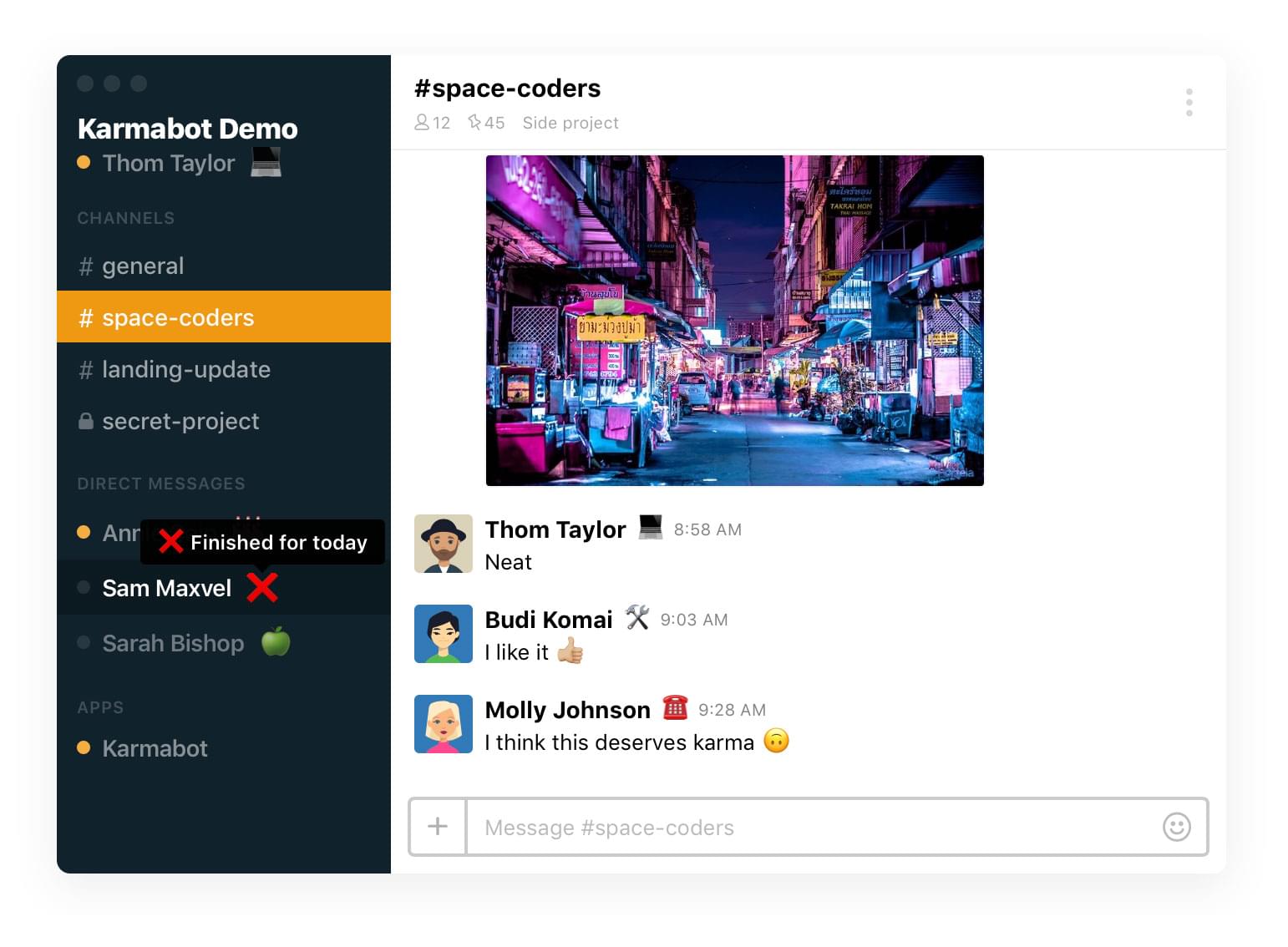 Karma bot demo time-tracking features