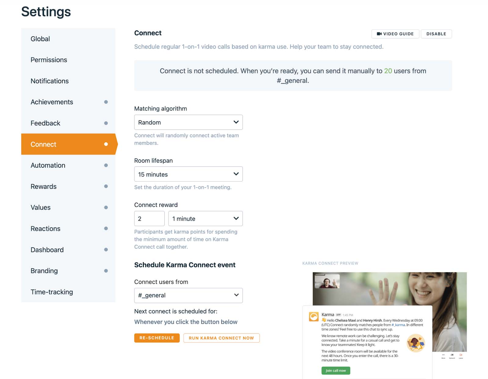 Karma Connect settings